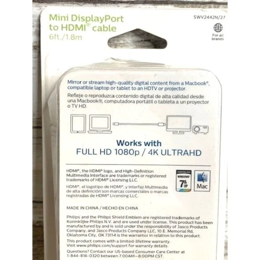 Philips Mini DisplayPort To HDMI Cable 6 Ft / 1.8m For Full HD 1080p & 4K‎ Ultra